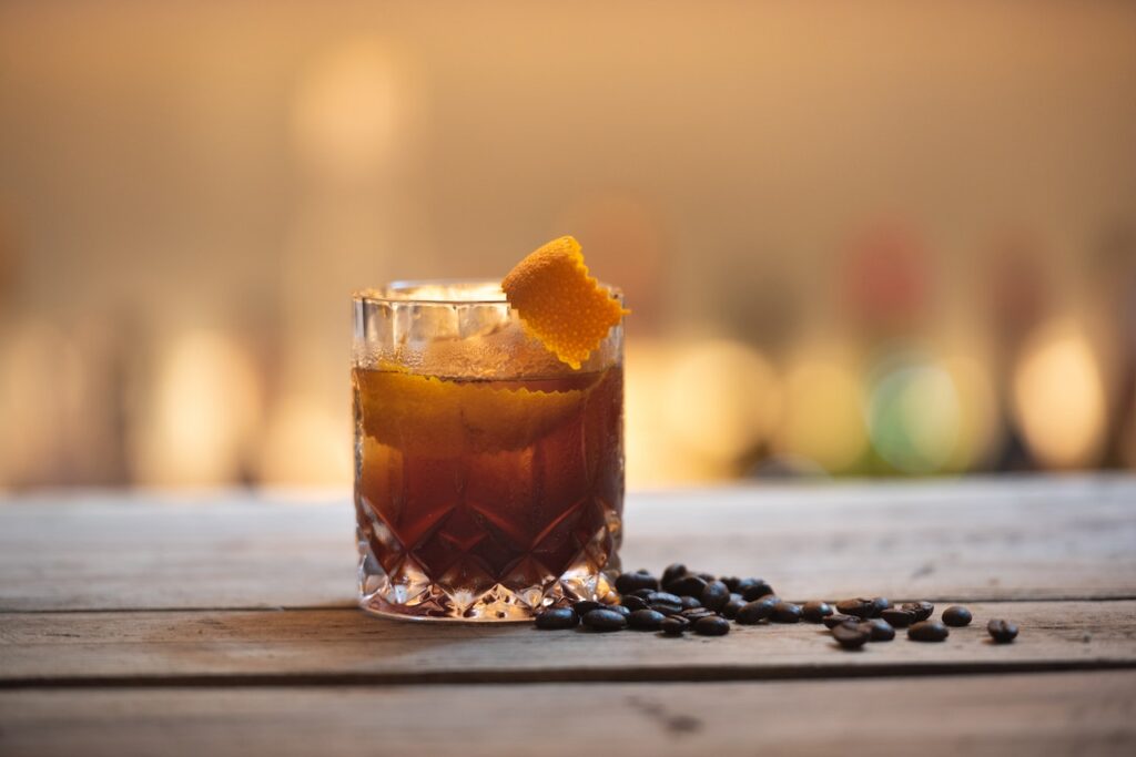 Old fashioned cocktail with Japanese whisky and coffee beans