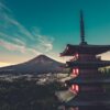 Mount Fuji and Japanese Temple with beautiful blue sky