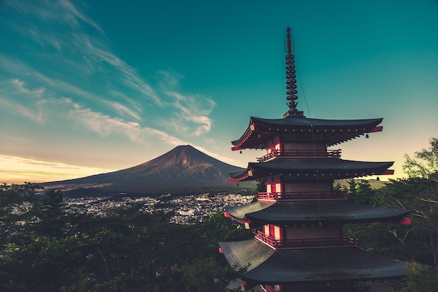 Mount Fuji and Japanese Temple with beautiful blue sky