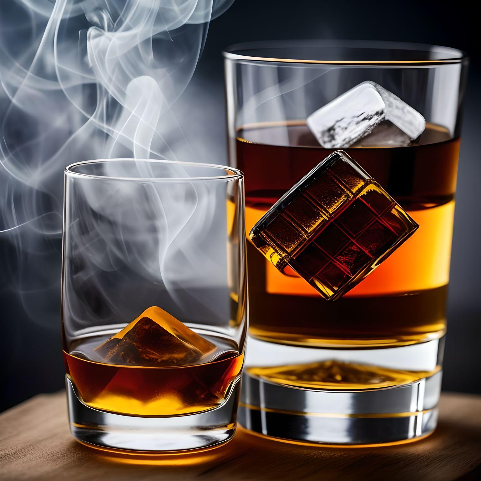 smoky whisky with glass and ice cube