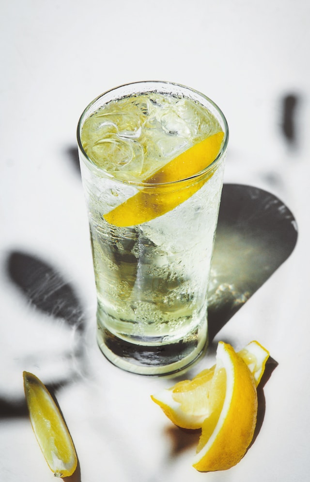 A glass of the drink with lemon called Highball