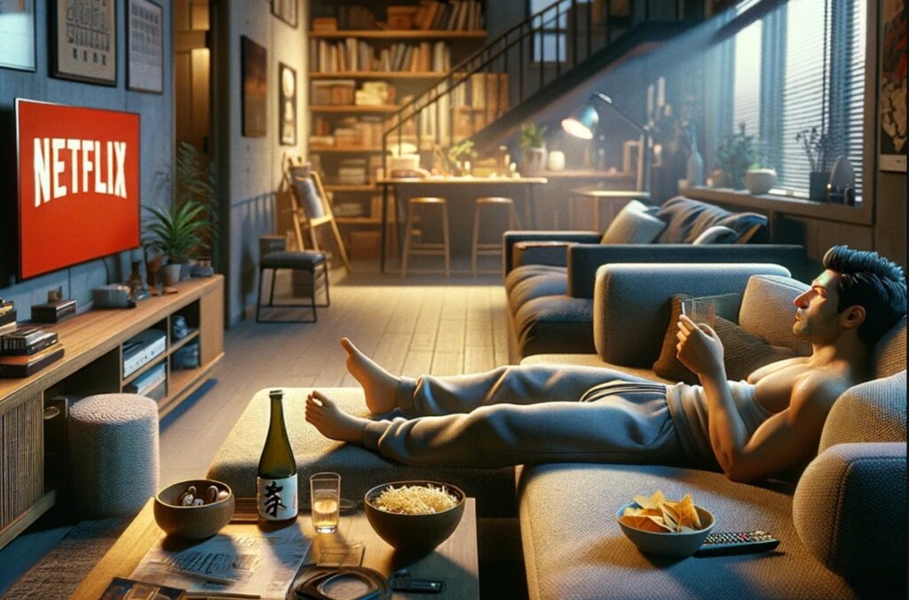 A man sits alone in his room at night, watching Netflix and drinking alcohol.